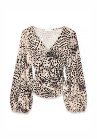 Long-sleeve blouse in beige with black leopard spots. Features a V-neckline and gathered detailing at the waist, made from soft fabric.
