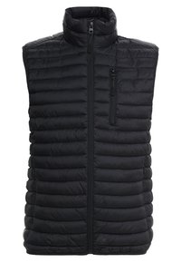 Schwarze, gesteppten ärmellose Puffer-Weste mit hohem Kragen, Frontreißverschluss und Reißverschlusstasche auf der Brust.