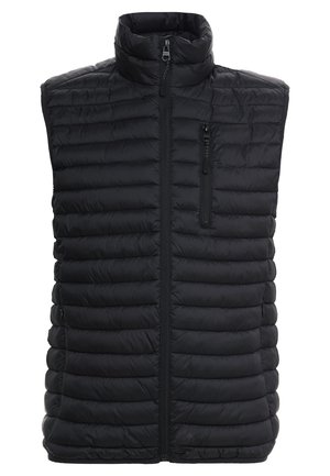 Schwarze, gesteppten ärmellose Puffer-Weste mit hohem Kragen, Frontreißverschluss und Reißverschlusstasche auf der Brust.