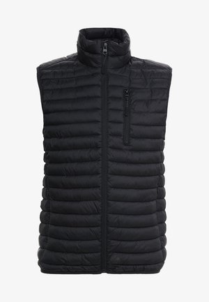 Schwarze, gesteppten ärmellose Puffer-Weste mit hohem Kragen, Frontreißverschluss und Reißverschlusstasche auf der Brust.