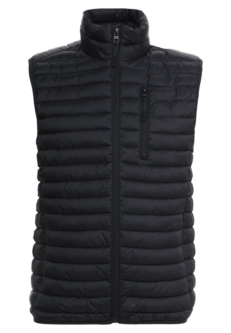 Schwarze, gesteppten ärmellose Puffer-Weste mit hohem Kragen, Frontreißverschluss und Reißverschlusstasche auf der Brust.