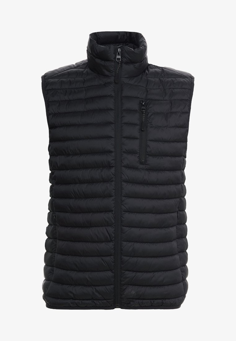 Schwarze, gesteppten ärmellose Puffer-Weste mit hohem Kragen, Frontreißverschluss und Reißverschlusstasche auf der Brust.