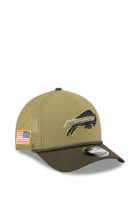 Olive green baseball cap with black buffalo logo, American flag patch, and mesh panels. Features a curved brim and adjustable back.