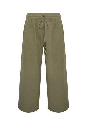 Pantaloni larghi verde oliva con vita elastica, chiusura con cordino e due tasche frontali. Realizzati in tessuto testurizzato.