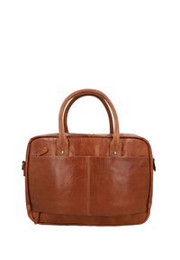Brown leather bag with double handles, front pocket, and smooth texture. Features a clean design and visible stitching detail.