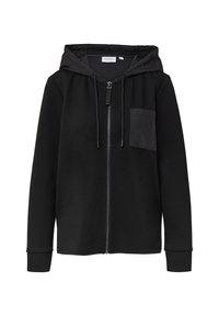Schwarze Zip-Hoodie mit Kordelzugkapuze, einer Brusttasche und gerippten Bündchen. Hergestellt aus weichem, strukturiertem Stoff mit einem lässigen Design.