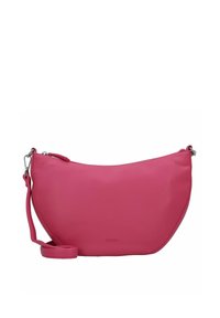 Borsa a tracolla in pelle rosa con design curvo, chiusura con zip superiore e tracolla regolabile. Texture liscia e dettagli di branding minimi.