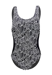 Maillot de bain une pièce noir et blanc avec un motif paisley tourbillonnant, doté d'un décolleté en scoop et d'une silhouette ajustée.