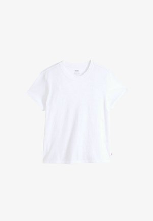 Hvid bomuld t-shirt med korte ærmer, rund halsudskæring og lige kant. Har en lille rød logoetiket på nederste venstre side.