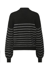 Black sweater with silver horizontal stripes across the back and sleeves, featuring a high neckline and ribbed cuffs.