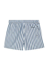 Pantaloni scurți de baie cu dungi albastre și albe, cu un talie elastică, având un singur buzunar la spate și textură de țesătură netedă.