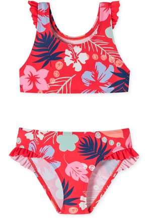 Roter Blumen-Bikini mit einem Tanktop-Style und Rüschen-Trägern sowie passenden Unterteilen mit Rüschensaum. Aus elastischem Material gefertigt.