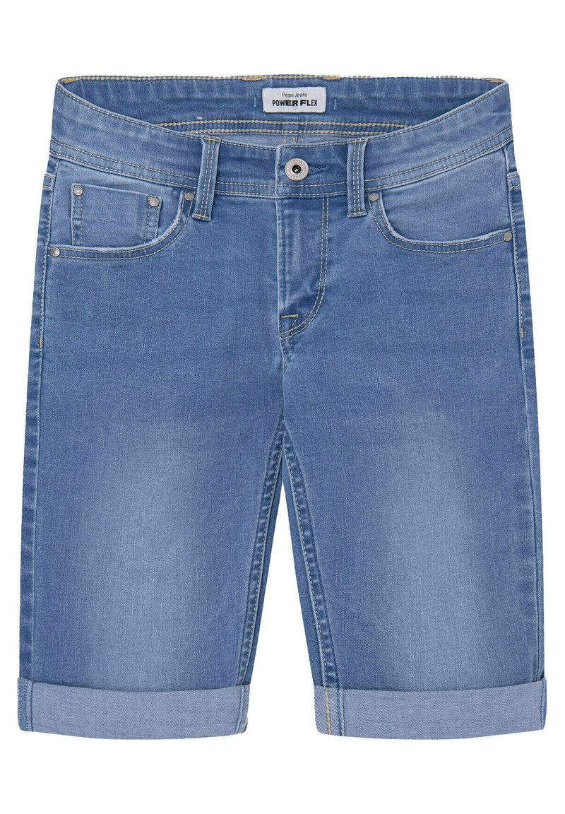 Vaaleansiniset farkkushortsit, joissa on normaali istuvuus, käännetyt lahkeet, viisi taskua ja nappikiinnitys. Vyötärönauhassa on "POWER FLEX" -brändäys.