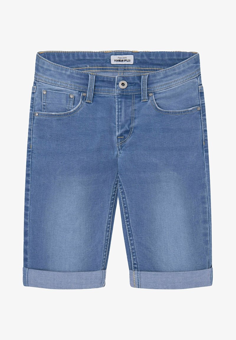 Light blue denim shorts with a regular fit, turned-up hems, five pockets, and a button closure. Features “POWER FLEX” branding on the waistband.
