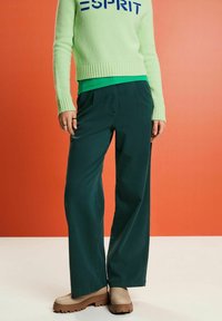 Zelené široké kalhoty z jemného materiálu s předními sklady. V páru s lehkým zeleným pleteným svetrům s modrým textem loga.