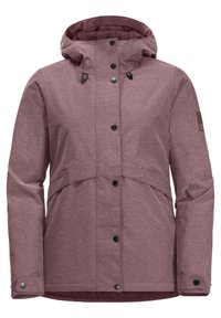Veste mauve à capuche avec boutons-pression à l'avant, cordons de serrage réglables pour la capuche, poches latérales et boutons-pression aux poignets, conçue pour les temps froids.
