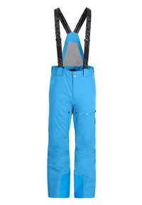 Helle blaue Skihosen mit verstellbaren schwarzen Trägern, ausgestattet mit einer Reißverschlusstasche, verstärkten Beinen unten und einer glatten Textur.