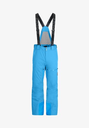 Bright blue ski pants with adjustable black suspenders, featuring a zippered pocket, reinforced lower leg panels, and a smooth texture.