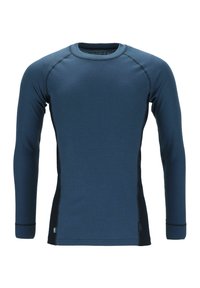 Camicia a maniche lunghe blu realizzata in tessuto a coste, con pannelli laterali neri a contrasto e cuciture. Scollo tondo e design aderente.