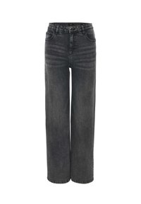 Jeans de tiro alto, de pierna ancha y negros, con botón frontal y bolsillos, que presentan un desgastado en la parte superior del muslo.