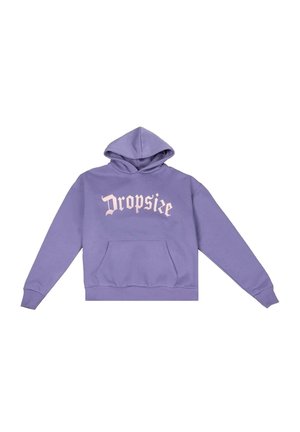 Fioletowy hoodie z przednią kieszenią i kapturem ze sznurkiem. Na piersi znajduje się napis "Dropsize" w jasnoróżowym, ozdobnym stylu. Materiał z mieszanki bawełny.