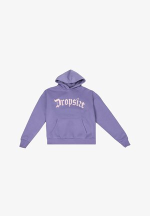 Fioletowy hoodie z przednią kieszenią i kapturem ze sznurkiem. Na piersi znajduje się napis "Dropsize" w jasnoróżowym, ozdobnym stylu. Materiał z mieszanki bawełny.