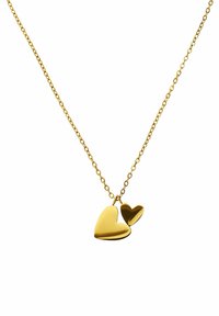 Goldene Halskette mit zwei miteinander verbundenen Herzanhängern, einer größer und glatt, der andere kleiner mit einer leicht gerundeten Form.