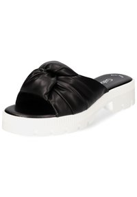 Sandale noire à enfiler avec empeigne en cuir torsadé et semelle épaisse blanche texturée, bout ouvert, talon plateforme bas.