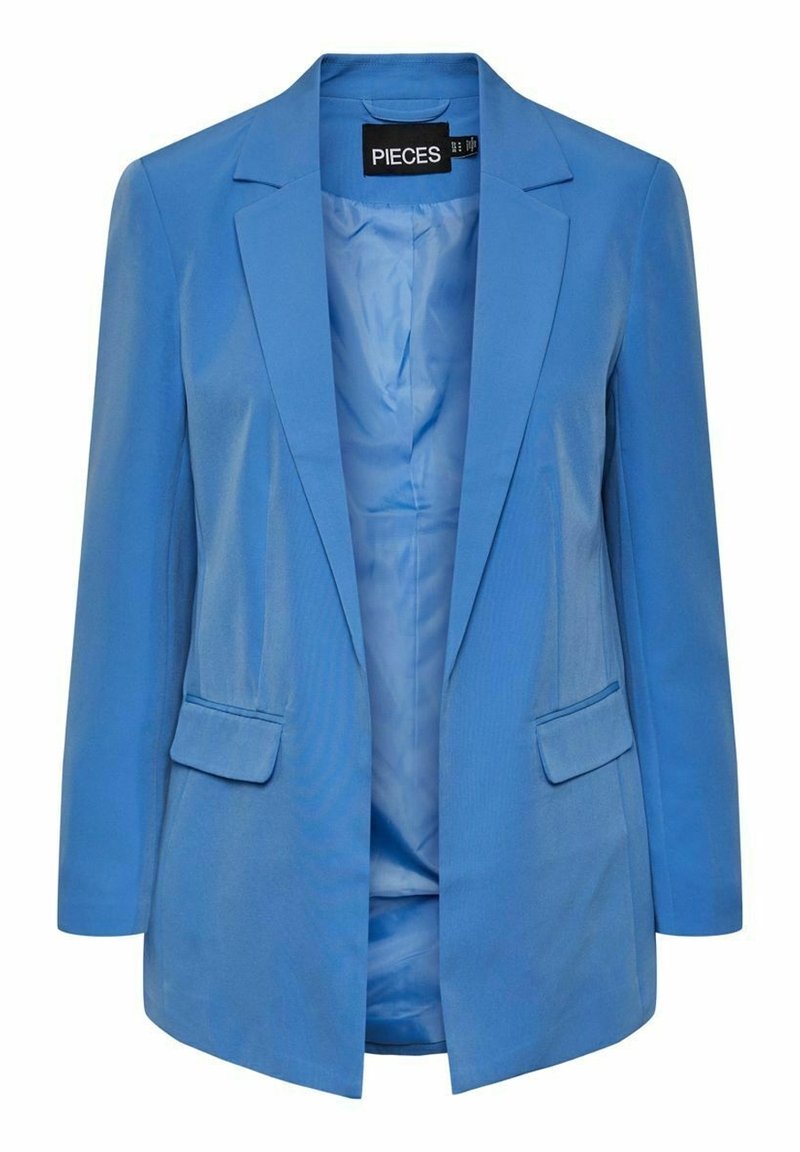 Blazer ajusté bleu vif pour femme avec revers crantés, manches longues, deux poches avant à rabat et doublure intérieure lisse.