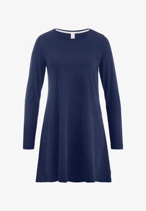 Marineblaues, langärmliges, knielanges Kleid mit rundem Ausschnitt und leicht ausgestelltem Rock, dargestellt auf weißem Hintergrund.