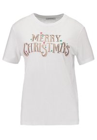 Vit bomull t-shirt med texten "GOD JUL" i stiliserad guld- och färgglad skrivstil med stjärnor, korta ärmar och rundad halsringning.