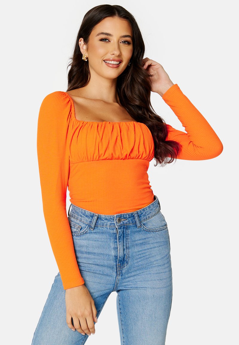 Bubbleroom - RUSHED SQUARE NECK LONG SLEEVE TOP - Longsleeve - orange, Vergroten