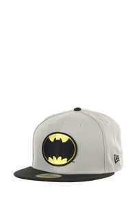 Gray baseball cap with a black visor, featuring a large yellow and black Batman logo embroidered on the front. Black accents on the top button.