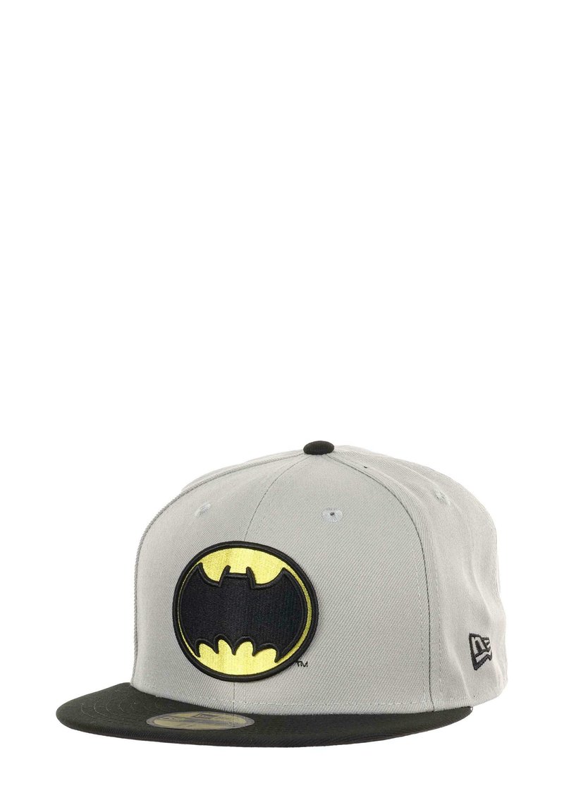 Gray baseball cap with a black visor, featuring a large yellow and black Batman logo embroidered on the front. Black accents on the top button.