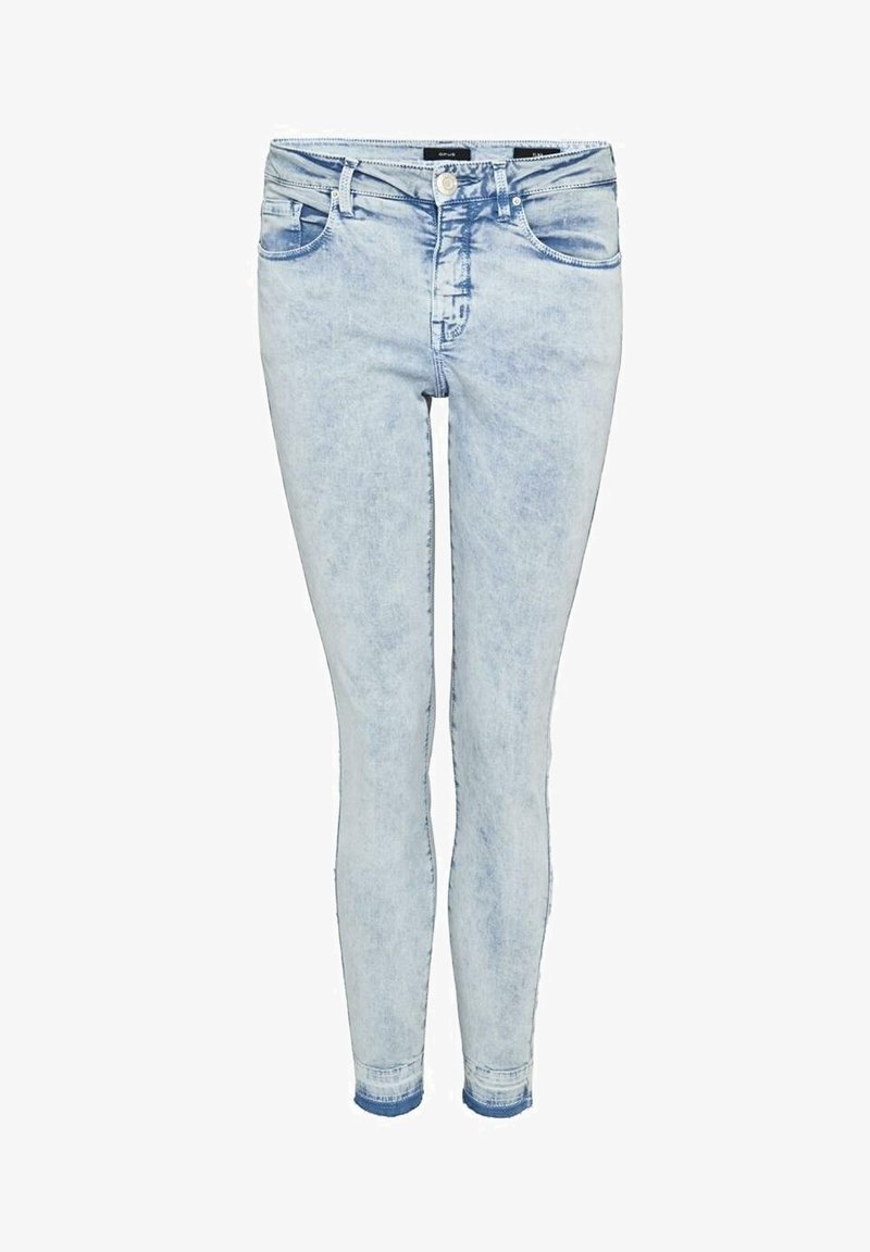 Jean skinny en denim bleu clair avec une texture délavée, design standard à cinq poches, et braguette zippée avec fermeture par bouton métallique.