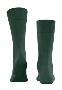 Skarpetki do kolan w ciemnozielonym kolorze, wykonane z gładkiego materiału, z prążkowanym górnym brzegiem i wzmocnioną piętą. Delikatny detal z logo w pobliżu stopy.