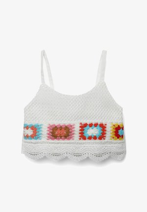 Bralette bianco all'uncinetto con spalline regolabili, caratterizzato da accenti a motivi colorati in rosa, blu, marrone e rosso. Orlo a scallop in pizzo nella parte inferiore.