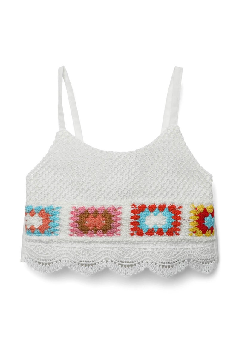 Bralette bianco all'uncinetto con spalline regolabili, caratterizzato da accenti a motivi colorati in rosa, blu, marrone e rosso. Orlo a scallop in pizzo nella parte inferiore.