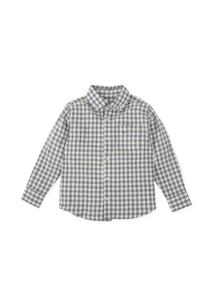 Camisa de manga larga a cuadros en algodón azul y beige. Cuenta con cuello abotonado, bolsillo frontal y botones blancos. Textura suave.
