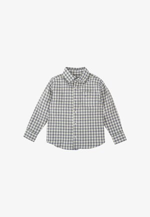 Camisa de manga larga a cuadros en algodón azul y beige. Cuenta con cuello abotonado, bolsillo frontal y botones blancos. Textura suave.