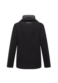 Manteau noir mi-long avec un col structuré, des manches longues et un petit patch logo rectangulaire centré sous le col dans le dos.