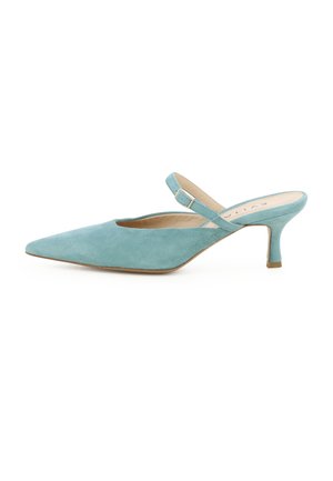 Lichtblauwe suède damesslingbackpumps met spitse neus en smalle middenhoge hak.