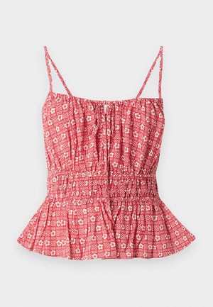 Top vermelho com padrão, com alças finas, apresentando um corpete franzido e uma bainha peplum. Design floral e listrado em tecido leve.