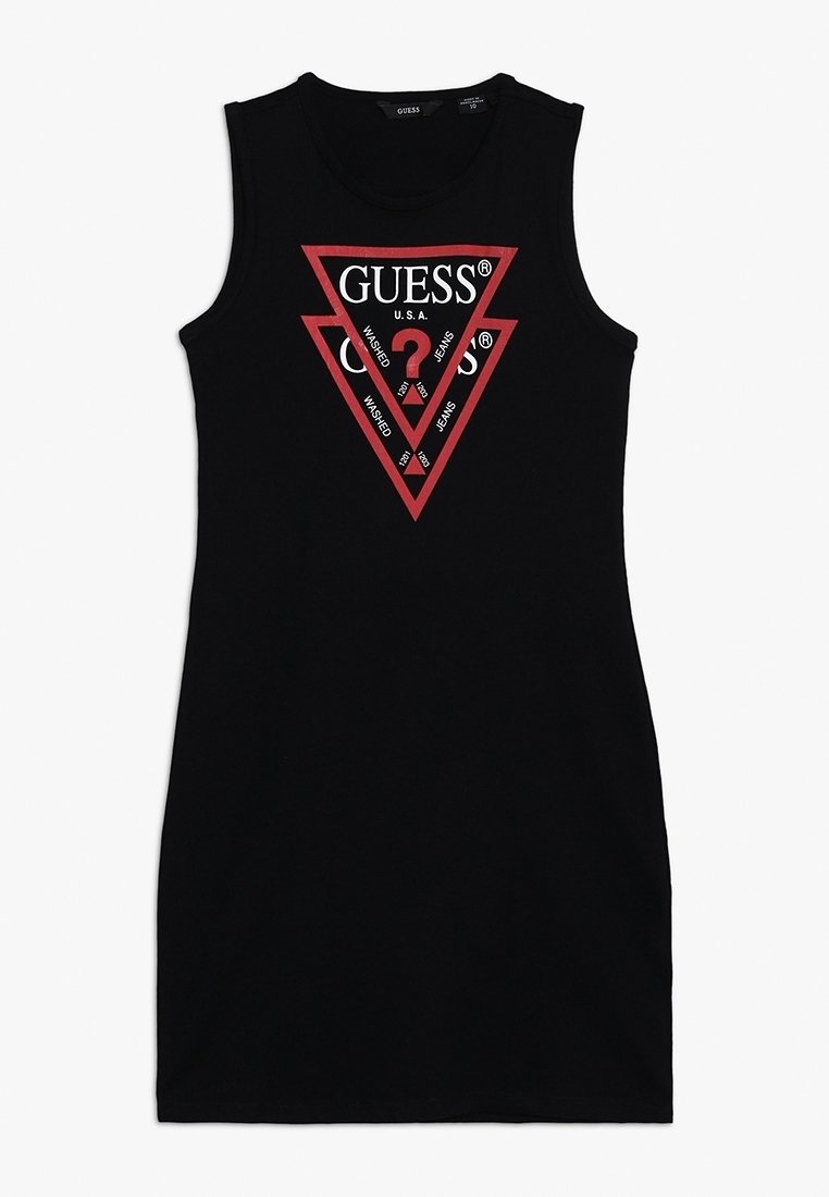 Robe noire sans manches avec le logo Guess rouge et blanc comportant trois triangles imbriqués et un point d'interrogation central.