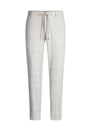 Hellgraue Karottenhose mit Kordelzugbund, ausgestattet mit einem lockeren Schnitt, glatter Textur und feinem Karomuster überall.