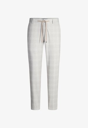 Pantalon à carreaux gris clair avec ceinture à cordon, présentant une coupe décontractée, une texture lisse et un motif à carreaux subtil sur toute la surface.