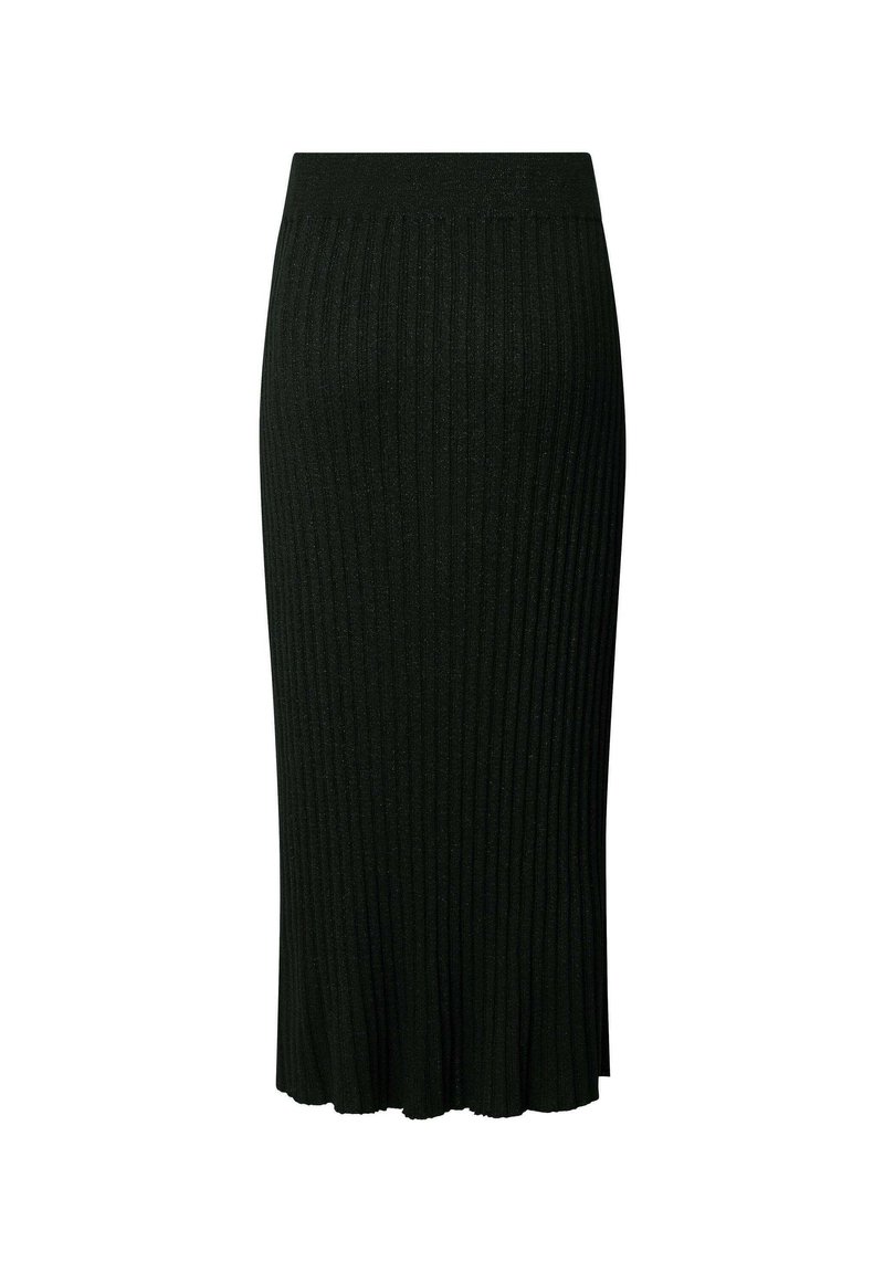Falda midi de punto acanalado negra con dobladillo acampanado. Presenta una cintura ajustada y una textura vertical, confeccionada en un tejido suave y elástico.