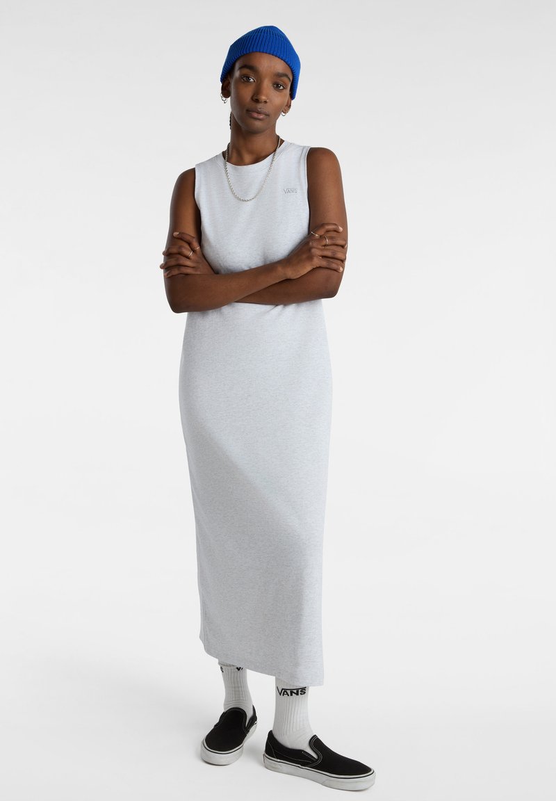 maxi dress and vans Women's Outfit: Grey Sweatshirt, Teal Satin Maxi Dress, Black and White  Canvas Low Top Sneakers, Grey Leather Satchel Bag