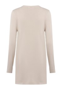 Jasno beżowa tunika z długim rękawem i okrągłym dekoltem. Posiada teksturowany materiał dzianinowy, prążkowane mankiety oraz luźny krój. Pokazany widok z tyłu.