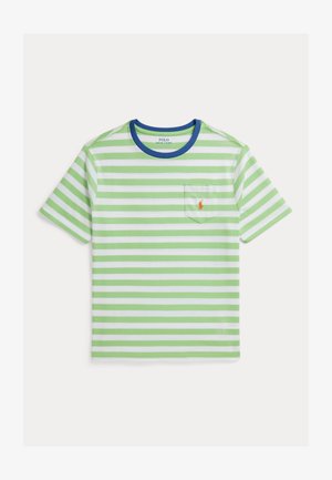 Koszulka z krótkim rękawem i okrągłym dekoltem, z zielono-białymi poziomymi paskami, niebieskim kołnierzem i małym pomarańczowym logo na lewym kieszeni piersiowej.